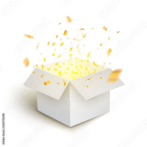 White gift box confetti explosion. Magic open surprise gift box package decoration