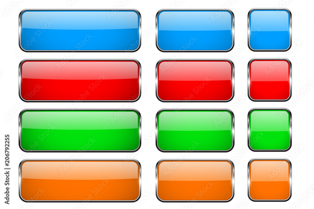 Colored rectangle glass 3d buttons with metal frames Colored rectangle glass 3d buttons with metal frames