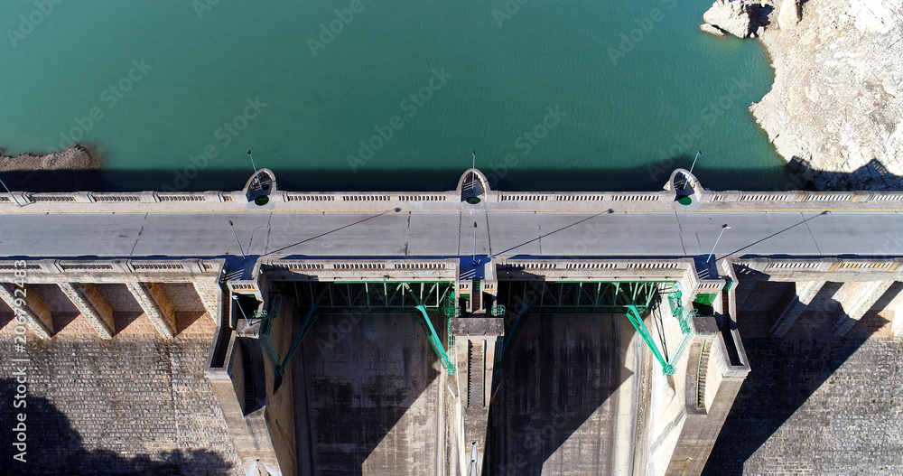 Water reservoir and hydroelectric power generating station aerial view