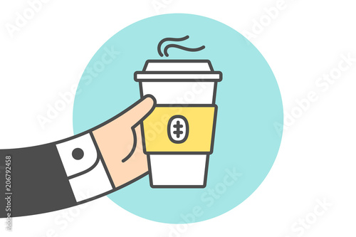 Icon of coffee cup in the businessman hand. Coffee cup in line graphic. Hand of businessman holds the coffee cup icon. Icon of coffee mug isolated on a blue circle. Vector Illustration