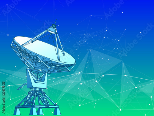 satellite dishes antenna - doppler radar, digital wave, white points, stars, lines, triangles & blue green technology background. Vector illustration / eps10