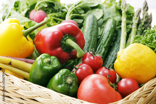                   Set of different vegetables in wicker basket