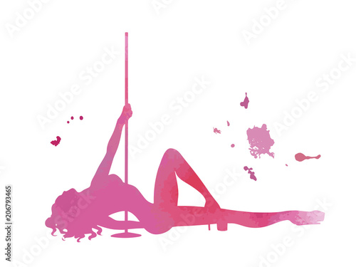 Vector silhouette pole dance with watercolor texture on a white background. Hand scketch exotic dance vector illustration. Pink isolated clipart for logotype, badge, icon, logo, banner, tag, clothes