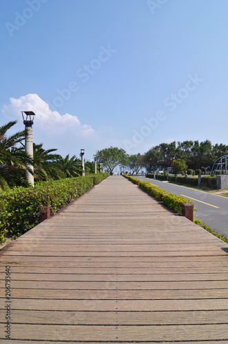 Wooden pathway and blue sky. 