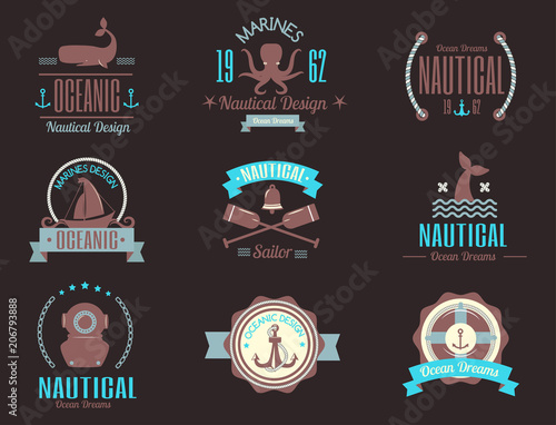 Sea marine vector nautical logo icons sailing themed label or with ship ribbo...