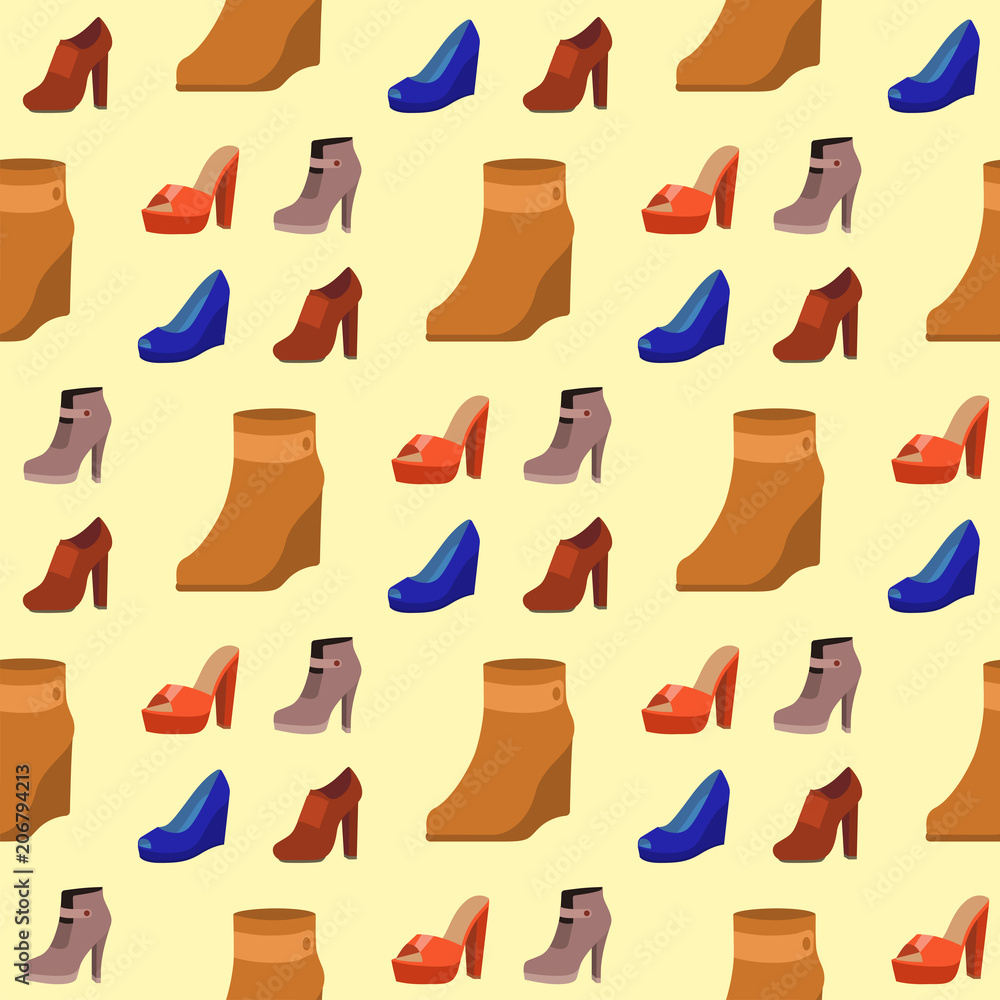 Womens shoes flat design vector seamless pattern background leather colored moccasins sandals illustration. Womens shoes flat design vector seamless pattern background leather colored moccasins sandals illustration.