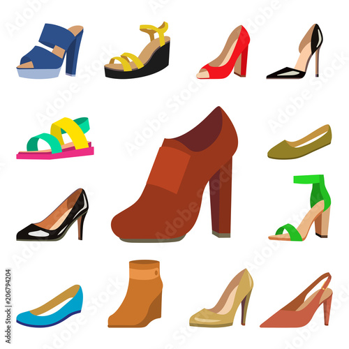 Womens shoes vector flat fashion design collection of leather colored moccasins shoes sandals illustration