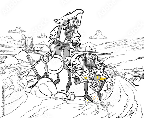 Pirates and treasure. Treasure island. Pirates and miner. Man with shovel and pickaxe working in bitcoin mine.