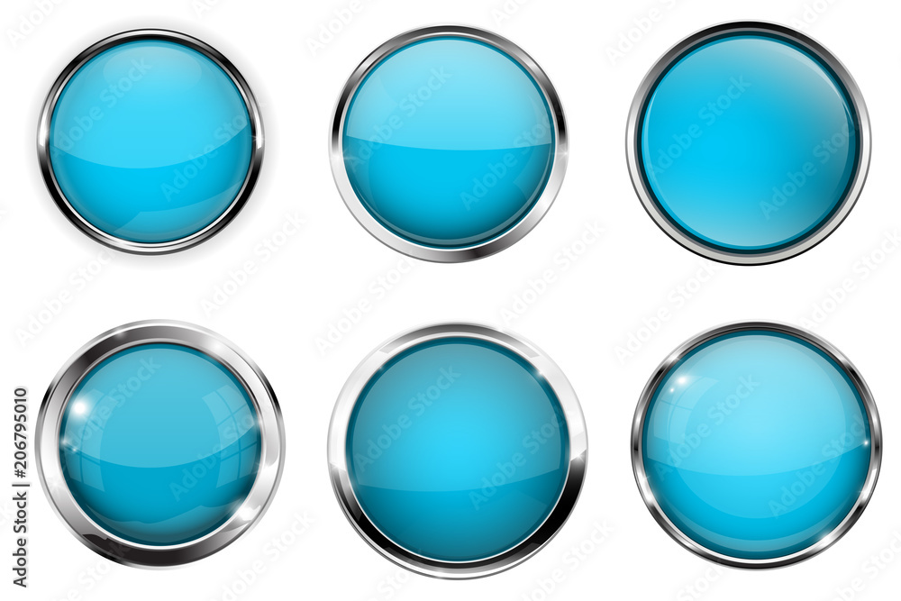 Blue buttons with chrome frame. Round glass shiny 3d icons Blue buttons with chrome frame. Round glass shiny 3d icons