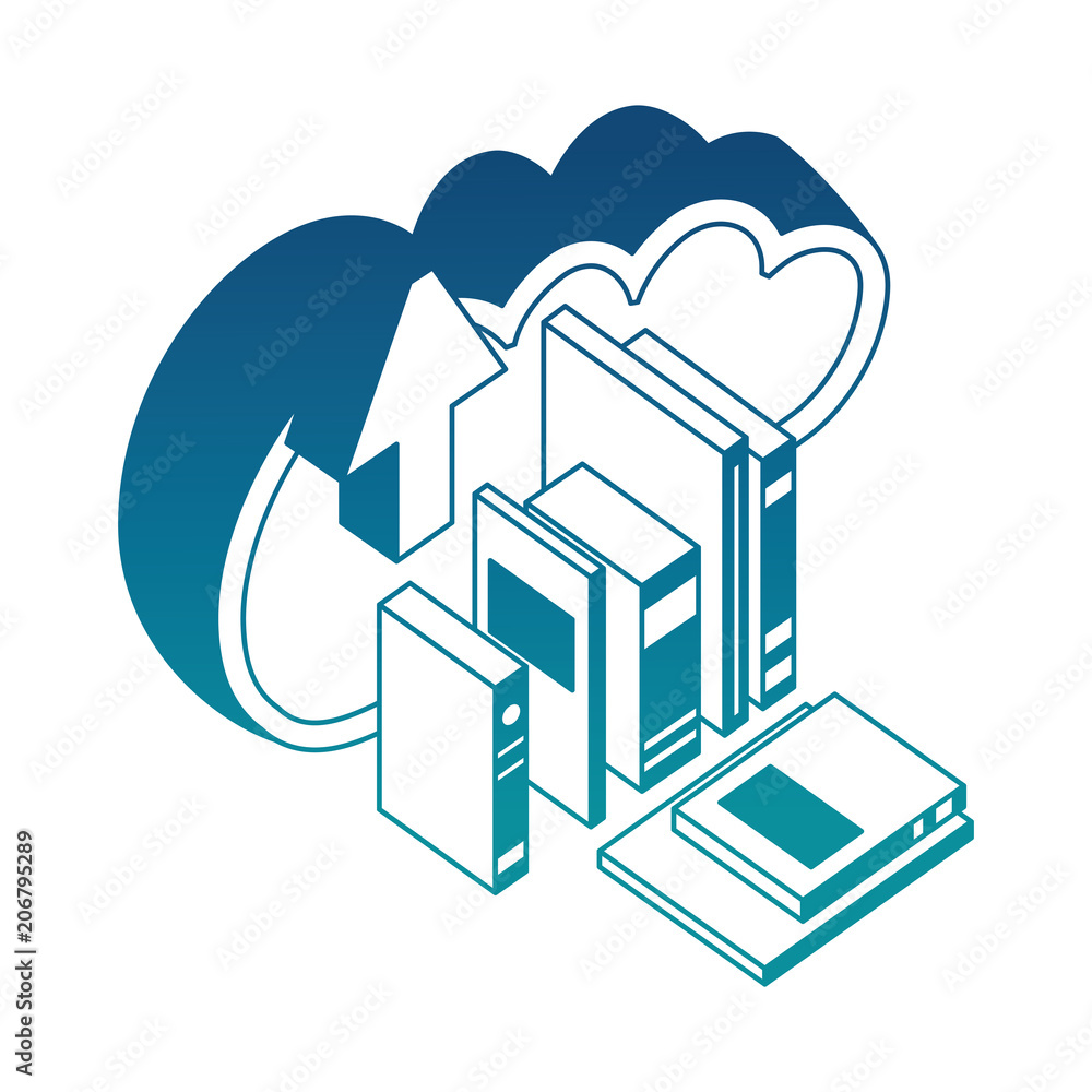 cloud storage learning books and arrow upload isometric vector illustration blue neon cloud storage learning books and arrow upload isometric vector illustration blue neon
