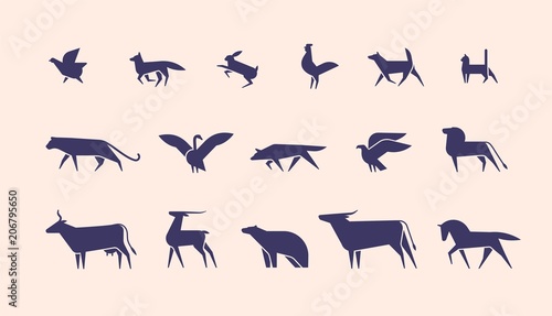 Collection of silhouettes or shapes of wild and domestic animals and birds isolated on light background, side view. Modern monochrome vector illustration for logotype in trendy geometric style.