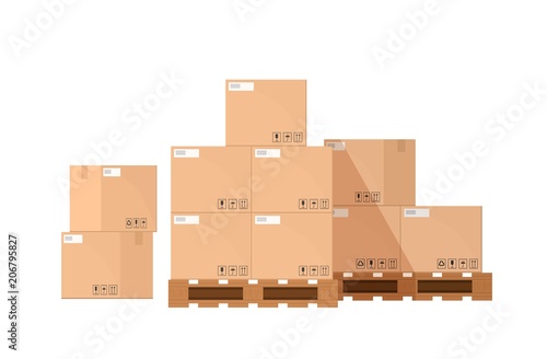 Pile or stack of cardboard or carton boxes on wooden pallet isolated on white background. Goods packaged for warehouse storage, cargo shipping or delivery. Flat cartoon colorful vector illustration.
