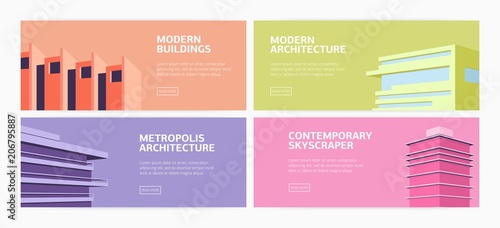 Collection of horizontal web banners modern buildings, skyscrapers of contemp...
