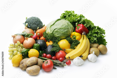                            Image of different fruits and vegetables on white background