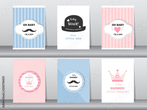 Set of baby shower invitation cards,birthday cards,poster,template,greeting cards,cute,mustache,crown,Vector illustrations 