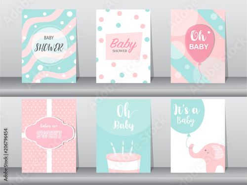  Set of baby shower invitations cards, poster, greeting, template,elephant, birthday, cake,cute,balloon,Vector illustrations.