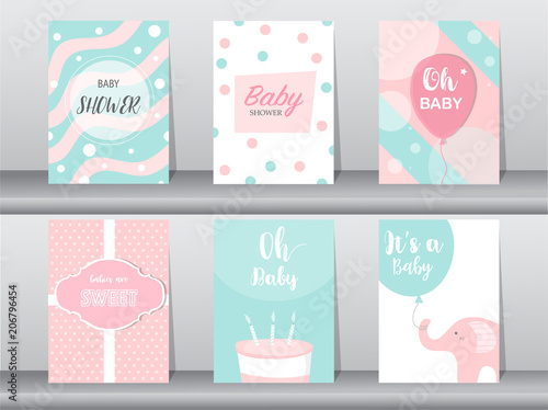 
Set of baby shower invitations cards, poster, greeting, template,elephant, birthday, cake,cute,balloon,Vector illustrations.