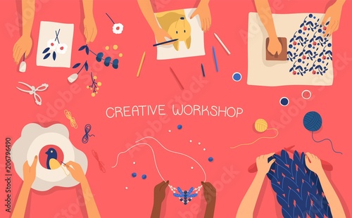 Colorful horizontal banner with hands making decorative craftwork - drawing, stamping, embroidering, knitting, weaving, scrapbooking work. Creative workshop for children. Flat vector illustration.