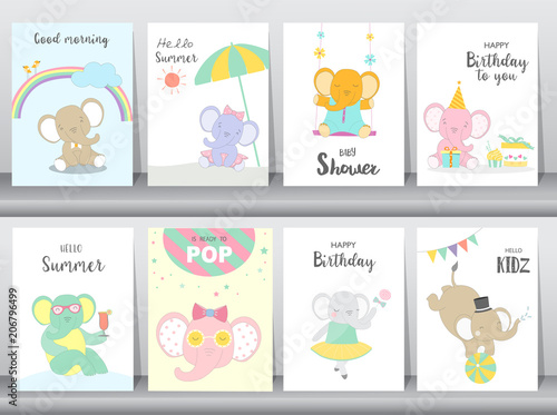 Set of baby shower and happy birthday invitations cards, poster, greeting, template, animals,elephant,cute,cartoons, Vector illustrations 