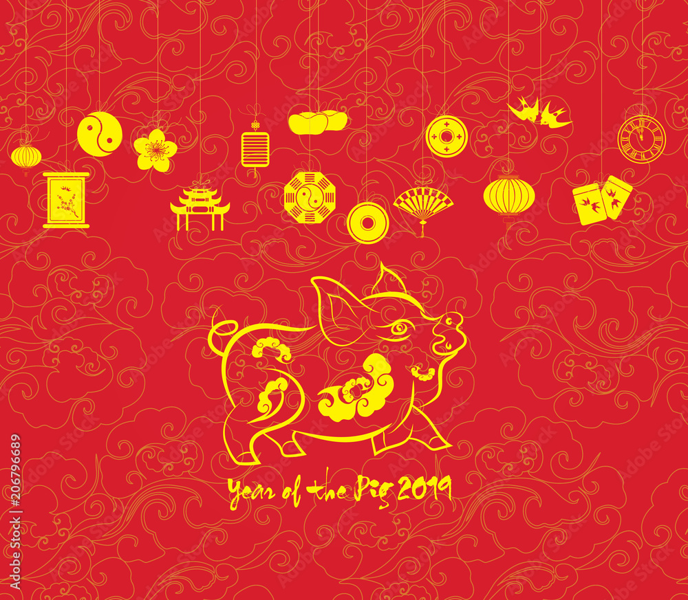 Oriental Happy Chinese New Year 2019. Year of pig Design. Year of the pig Oriental Happy Chinese New Year 2019. Year of pig Design. Year of the pig