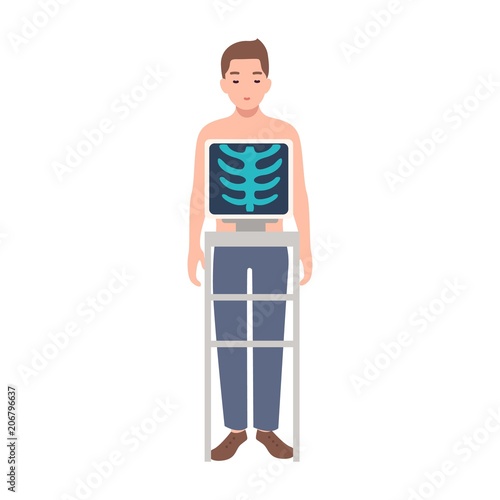 Patient during medical procedure of taking chest radiograph isolated on white background