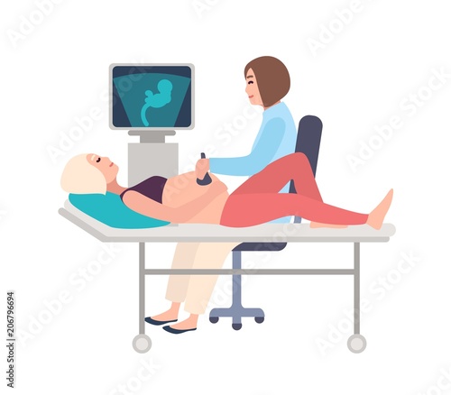 Smiling doctor or sonographer doing obstetric ultrasonography procedure on pregnant woman with medical ultrasound scanner. Baby growth monitoring. Colorful cartoon vector illustration in flat style.