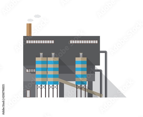 Modern industrial building with pipe emitting vapor isolated on white backgro...