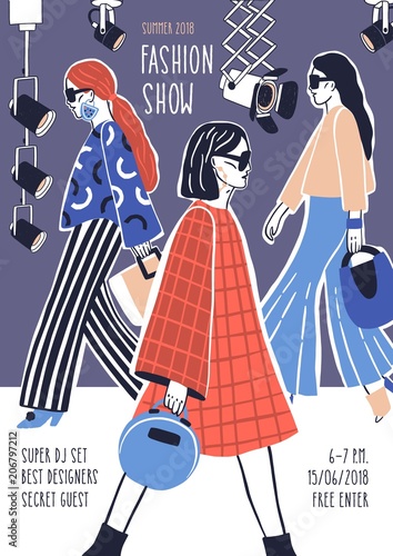 Creative flyer or poster template for fashion show with models wearing stylish haute couture clothes walking along runway or doing catwalk. Hand drawn vector illustration for event promotion.