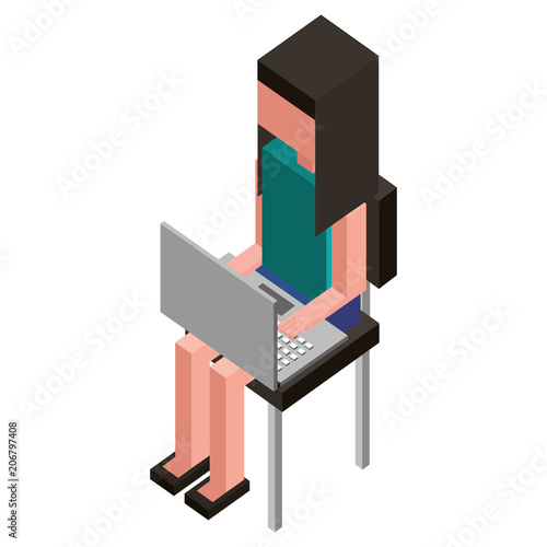 businesswoman with laptop isometric avatar character vector illustration design