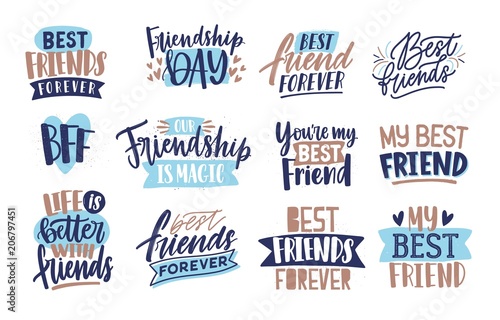 Collection of friends and friendship letterings handwritten with elegant calligraphic fonts. Bundle of decorative inscriptions isolated on white background. Modern creative vector illustration.