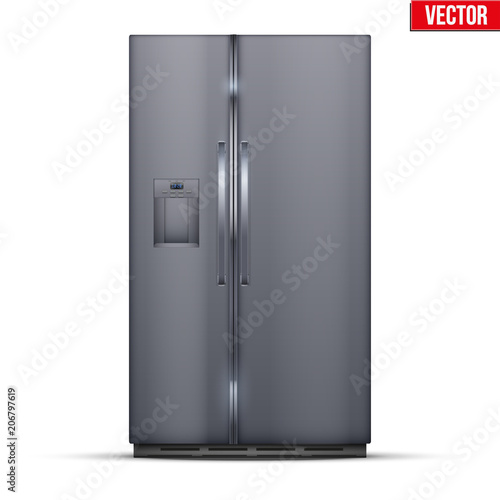 Modern Smart Fridge Freezer refrigerator with double doors in silver color. Household tech and appliances. Vector Illustration isolated on white background.