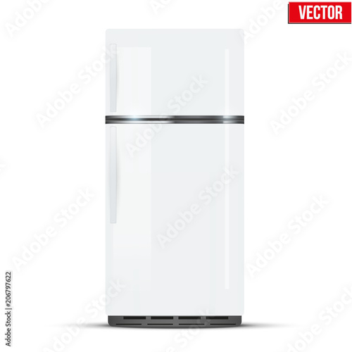 Modern Fridge Freezer refrigerator in white color. Household tech and appliances. Vector Illustration isolated on white background.