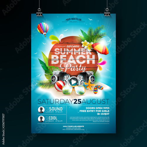 Vector Summer Beach Party Flyer Design with typographic elements on wood texture background. Summer nature floral elements, tropical plants, flower, beach ball and sunshade with blue cloudy sky