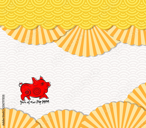 Classic Chinese new year blossom and oriental folding Paper Fan. Year of the pig 2019