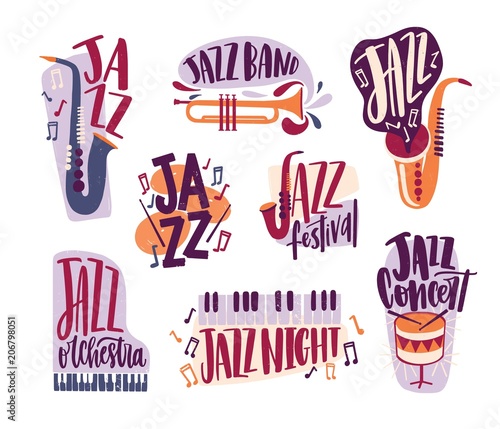 Bundle of jazz music inscriptions handwritten with elegant font and decorated with various musical instruments isolated on white background - piano, drums, saxophone, trumpet. Vector illustration.