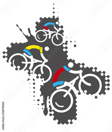 Bicycle riders mountain bike extreme sports. 
Illustration of three biker ikons on grunge background. In the x-shaped background. Vector available.