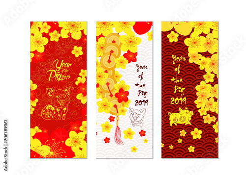 Vertical hand drawn banners set with blossom chinese New Year. Year of the pig