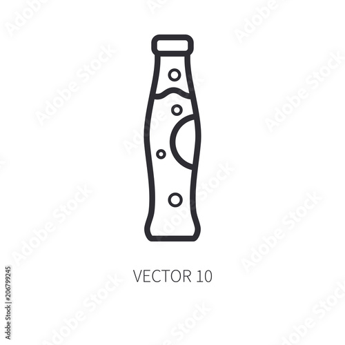 Retro cola, soda, water, juice bottle vector line icon. Summer travel vacation, tourism, camping. Backyard classic lunch. Pop label. Outdoor family picnic sign and symbol. Hiking. Beverage and snack.