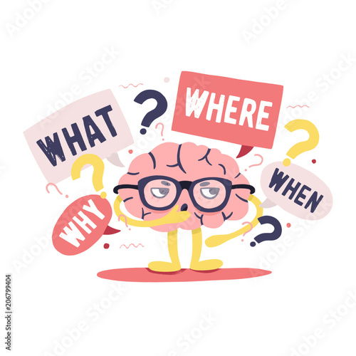 Cute human brain with smart thoughtful face and glasses surrounded by questions and interrogation points