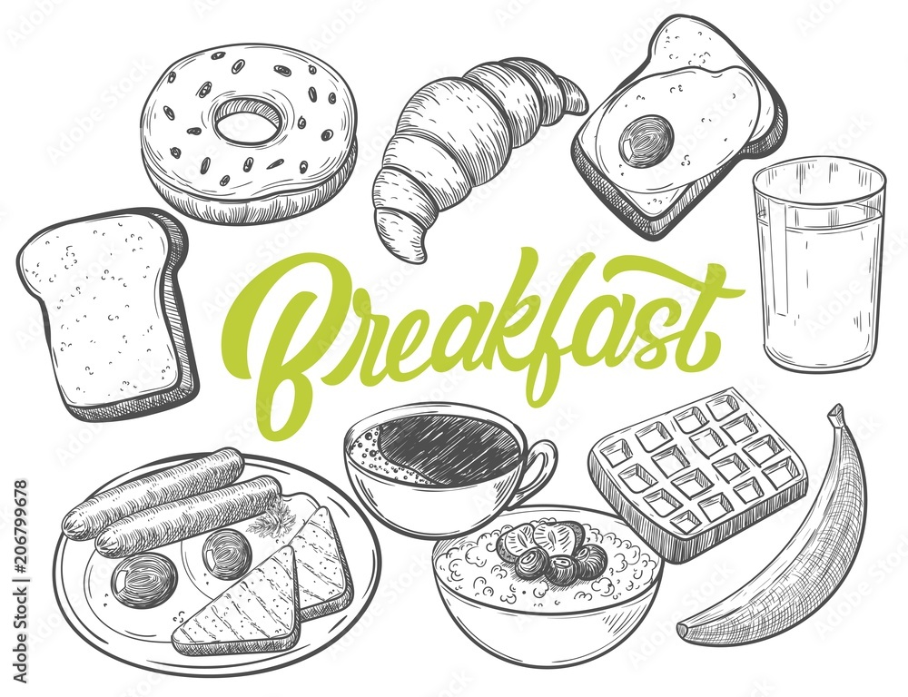 Hand drawn breakfast food with custom lettering, black and white draft