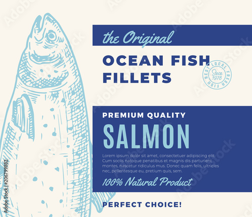 Premium Quality Fish Fillets. Abstract Vector Fish Packaging Design or Label. Modern Typography and Hand Drawn Salmon Silhouette Background Layout