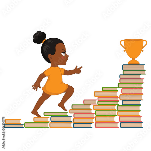 Girl going up the stairs of books.