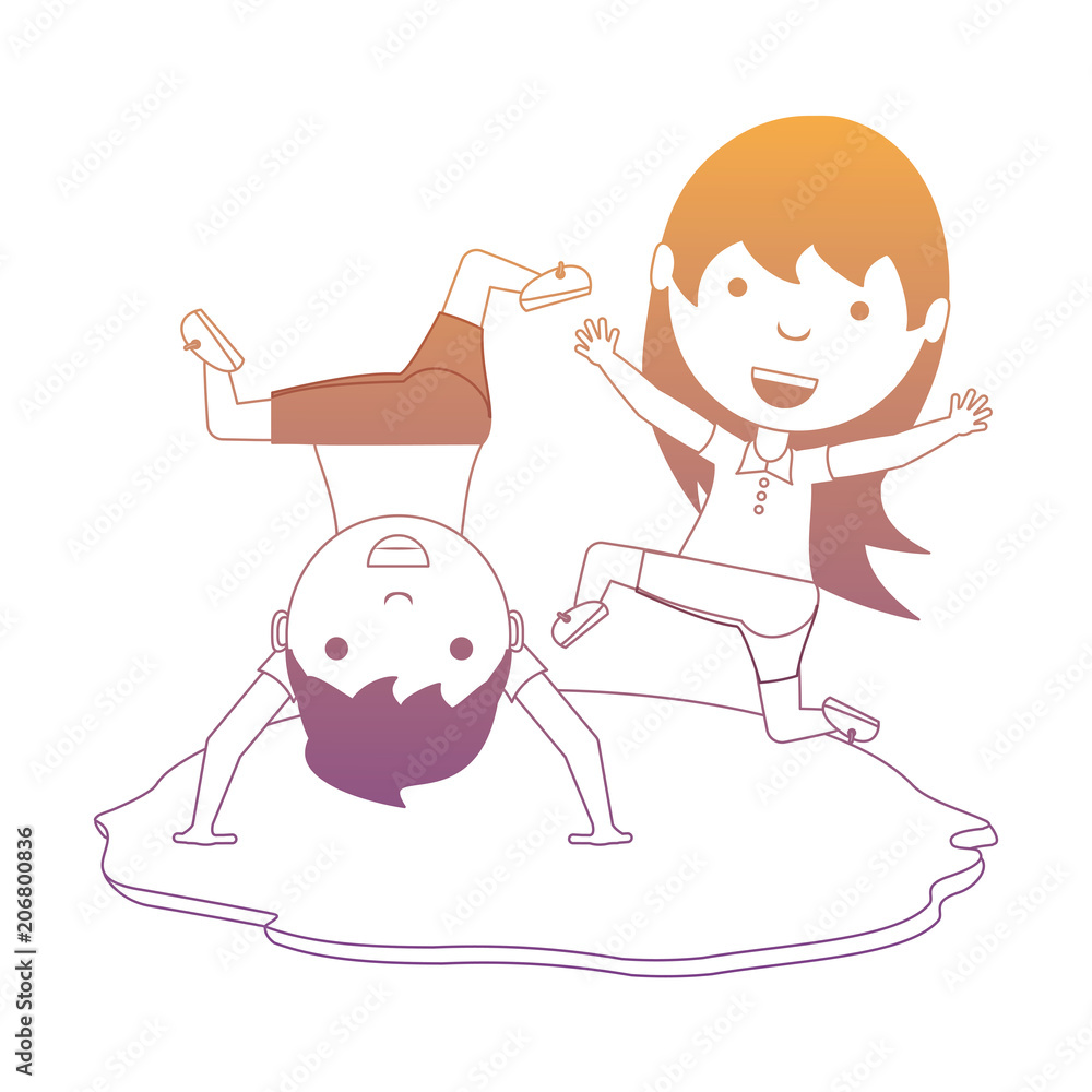 cartoon kids jumping and standing upside down in the grass over white background, vector illustration cartoon kids jumping and standing upside down in the grass over white background, vector illustration