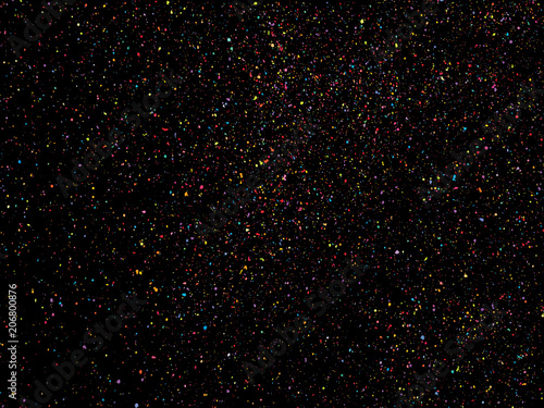  Colorful round confetti isolated on black background. Dust over