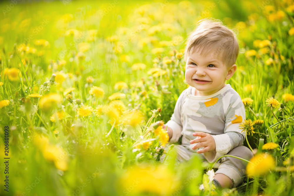 Concept: family values. Portrait of adorable innocent brown-eyed baby playing outdoor in the sunny dandelions field and making funny faces. Concept: family values. Portrait of adorable innocent brown-eyed baby playing outdoor in the sunny dandelions field and making funny faces.