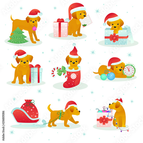 Christmas dog pet vector animal puppy in santa hat on Xmas or Happy New year holiday celebration with gift presented to doggy isolated on white background illustration