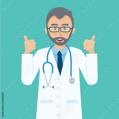 Happy senior doctor shows thumbs up gesture cool.