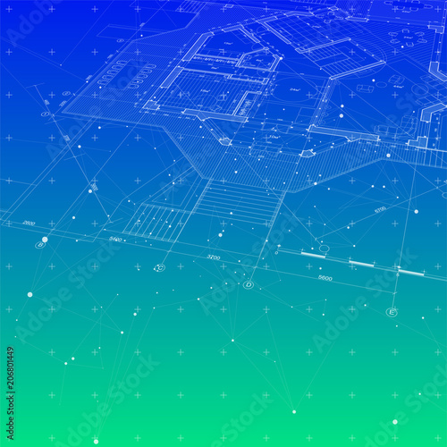 Architecture design: blueprint house plan & blue green technology radial background - vector illustration / eps10