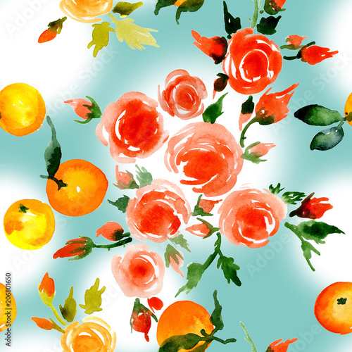 Delicate  small  fragrant  ancient roses  honey  rustic  wild bees  delicate  tasty  fragrant mandarins. Watercolor. illustration