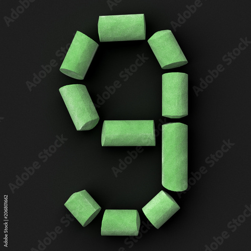 mathematical digit 9 on rough blackboard, 3D rendered font image